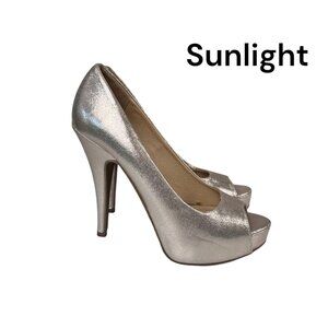 CL by LAUNDRY Women SZ 7/37.5 Gold Platform Pumps Heels-Open Toe -5” Stilleto